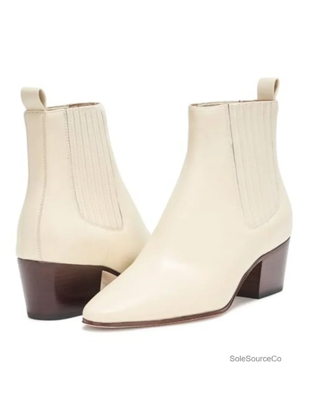 Womens Ivory Leather Ankle Boot Almond Toe Cuban Heel Chelsea Bootie